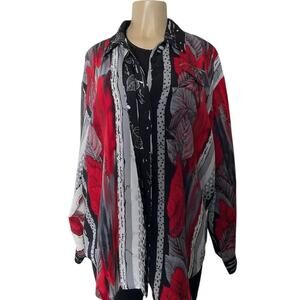 Vintage Christie & Jill Abstract Floral Button Up Shirt Red Black White XL
